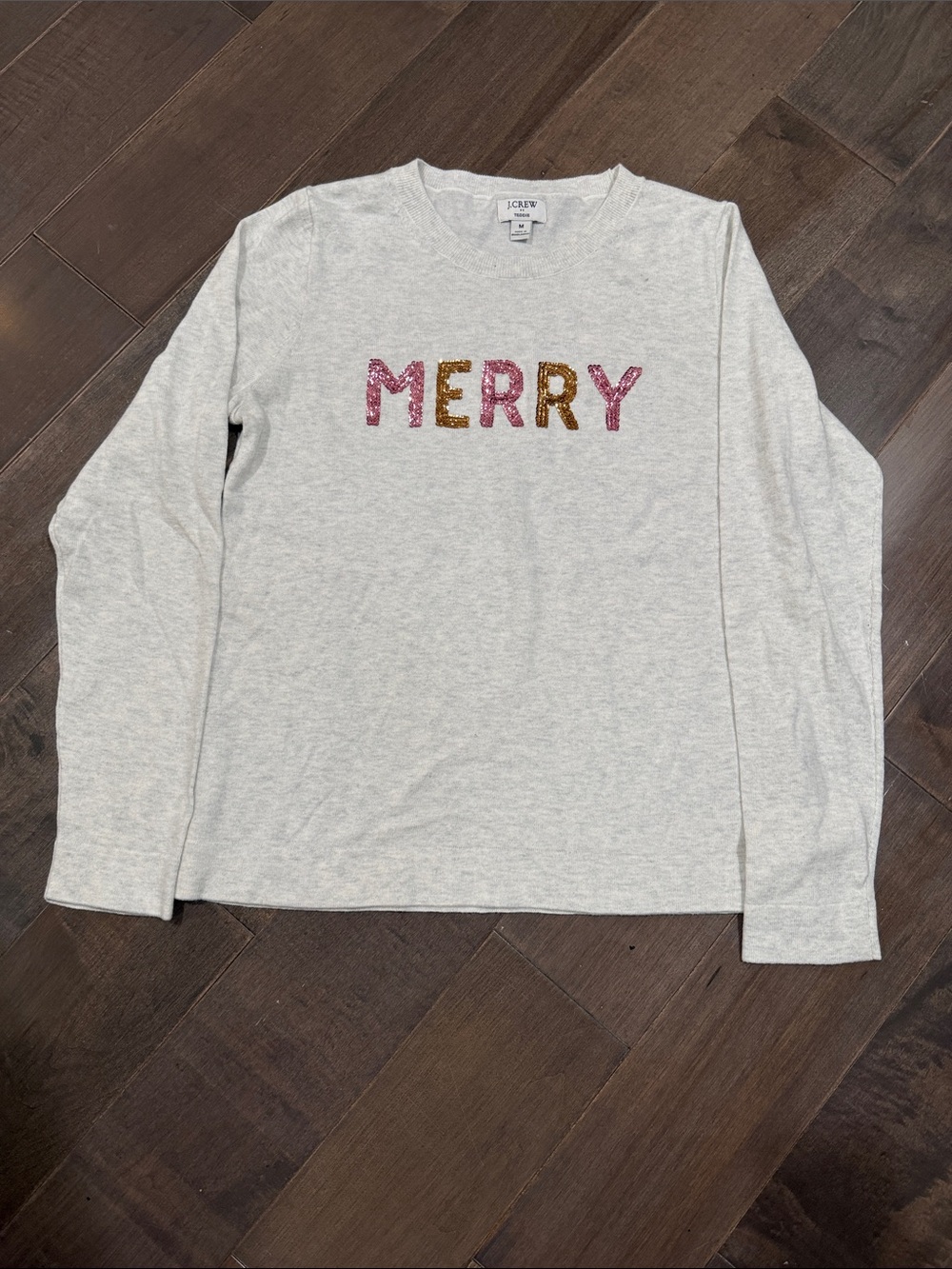 J. Crew Heather Gray Light Weight Sweater with Pink & Gold Sequin MERRY